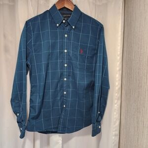 US Polo Assn Mens Medium‎ Button Down Shirt Blue Green Plaid Stretch